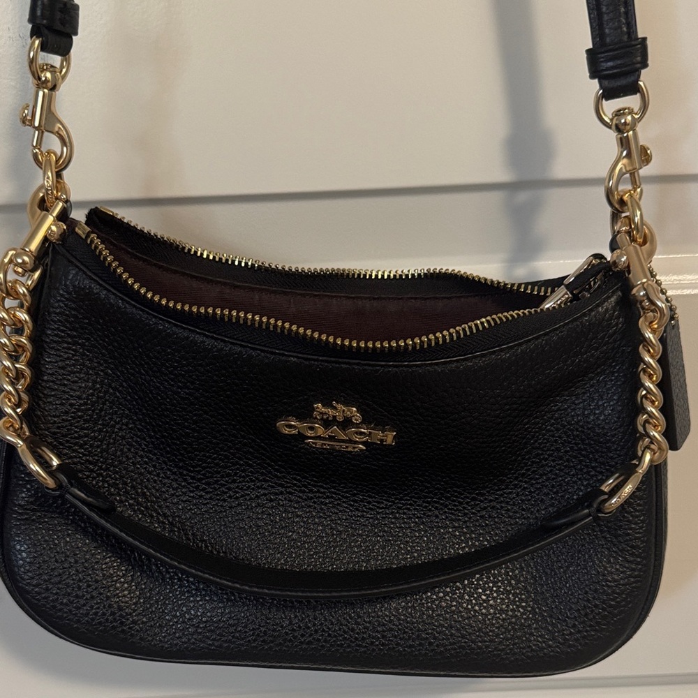 Coach Black Leather Shoulder Bag with Gold Chain
